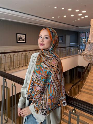 İthal Turuncu & Turkuaz E Desen Yün Kaşmir Şal 