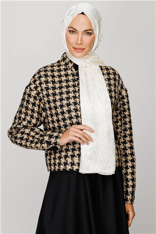 Ekru Karo Desen Parlak Jakar Şal