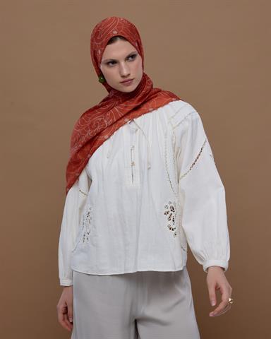 S-EFSUNLU-29 Kiremit & Krem Gölgesi Efsunlu Desen Şal