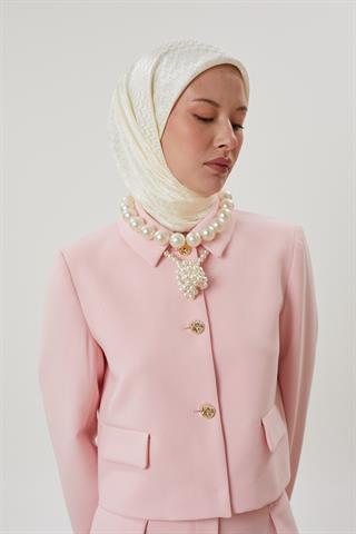 Kırık Beyaz Kazayağı Desen Parlak Jakar Eşarp