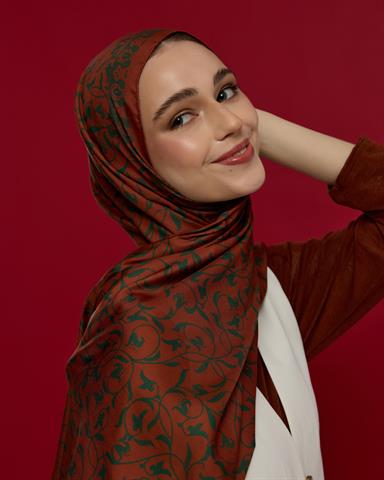 S-LALE-26 Kızıl Bakır & Koyu Yeşil Lale Bahçesi Desen Şal