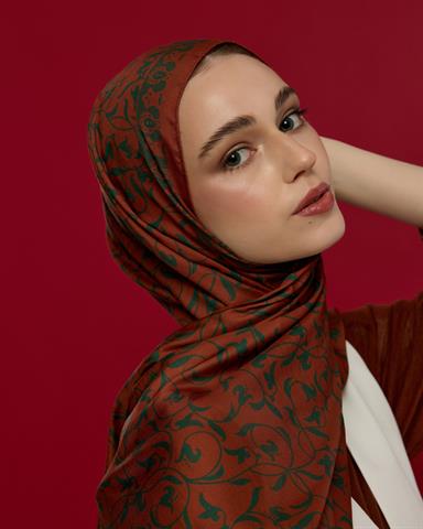 S-LALE-26 Kızıl Bakır & Koyu Yeşil Lale Bahçesi Desen Şal