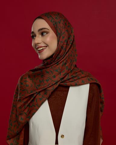 S-LALE-26 Kızıl Bakır & Koyu Yeşil Lale Bahçesi Desen Şal