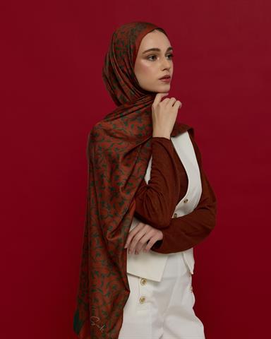 S-LALE-26 Kızıl Bakır & Koyu Yeşil Lale Bahçesi Desen Şal