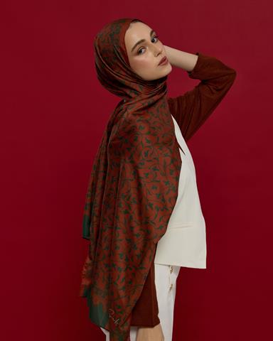 S-LALE-26 Kızıl Bakır & Koyu Yeşil Lale Bahçesi Desen Şal