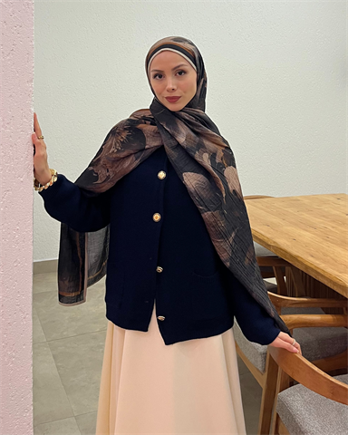 Koyu Vizon Floral Desenli Müslin Şal
