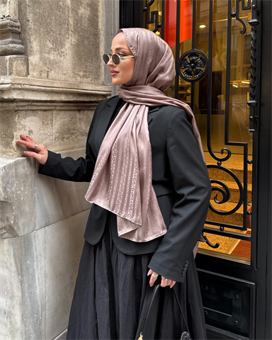 Koyu Vizon Şerit Desen Jakar Şal