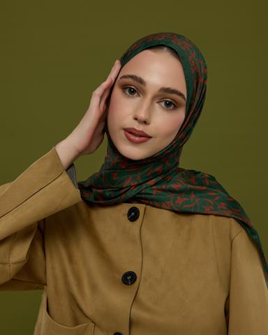 S-LALE-25 Koyu Yeşil & Kızıl Bakır Lale Bahçesi Desen Şal