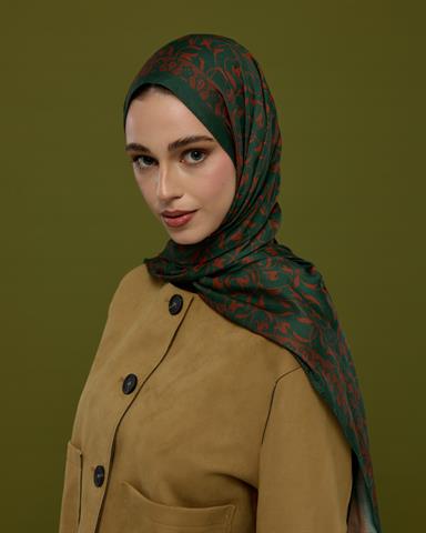 S-LALE-25 Koyu Yeşil & Kızıl Bakır Lale Bahçesi Desen Şal