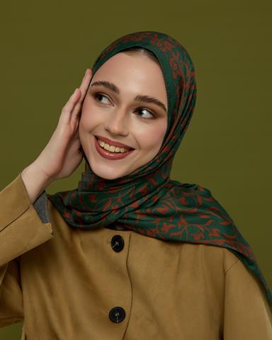 S-LALE-25 Koyu Yeşil & Kızıl Bakır Lale Bahçesi Desen Şal