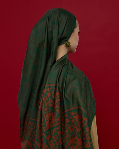 S-SARAYLI-25 Koyu Yeşil & Kızıl Bakır Saraylı Desen Şal