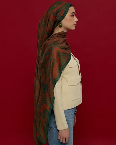 S-SULTANİ-25 Koyu Yeşil & Kızıl Bakır Sultani Desen Şal