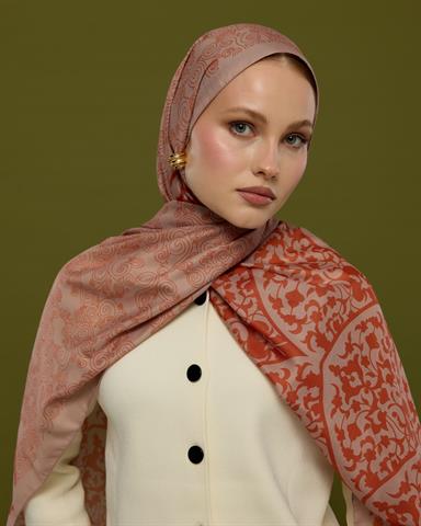 S-SARAYLI-30 Krem Gölgesi & Kiremit Saraylı Desen Şal