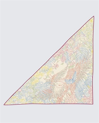 Krem & Pembe / Mavi - Çizgisel Kuş ve Sarmaşık Desenli Kaşmir Omuz Şalı