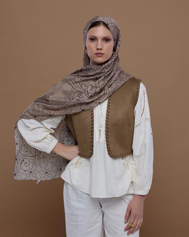 S-EFSUNLU-36 Krem Tarçını & Kakao Efsunlu Desen Şal