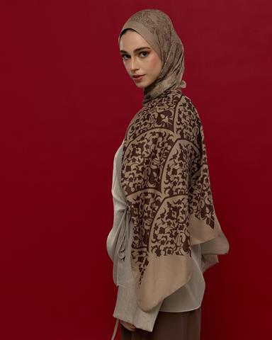S-SARAYLI-36 Krem Tarçını & Kakao Saraylı Desen Şal