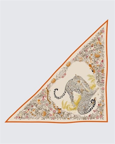 Krem & Turuncu / Gri - Tropikal Leopar Desenli Kaşmir Omuz Şalı