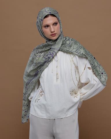 S-EFSUNLU-04 Krem Zencefil & Menekşe Efsunlu Desen Şal