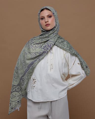 S-EFSUNLU-04 Krem Zencefil & Menekşe Efsunlu Desen Şal