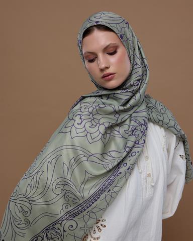 S-EFSUNLU-04 Krem Zencefil & Menekşe Efsunlu Desen Şal
