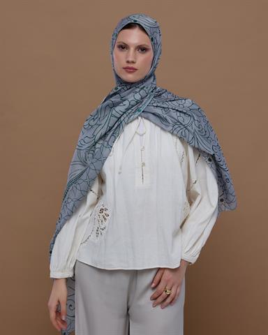 S-EFSUNLU-56 Krem & Zümrüt Efsunlu Desen Şal