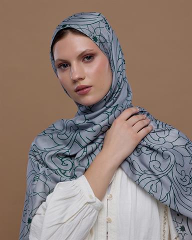 S-EFSUNLU-56 Krem & Zümrüt Efsunlu Desen Şal