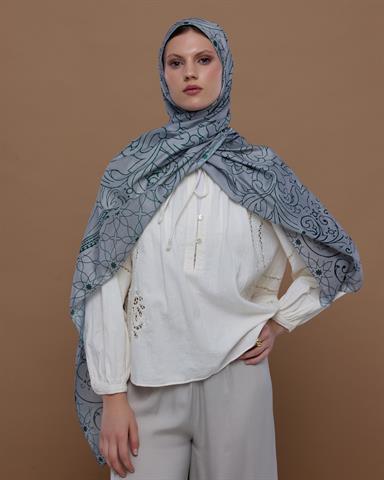 S-EFSUNLU-56 Krem & Zümrüt Efsunlu Desen Şal