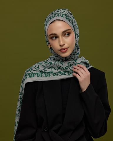 S-LALE-56 Krem & Zümrüt Lale Bahçesi Desen Şal