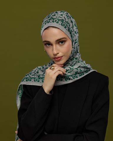 S-LALE-56 Krem & Zümrüt Lale Bahçesi Desen Şal