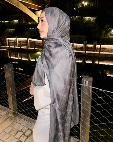 Kül Gri Imannoor Monogram Zincir Desen Pamuk Jakar Şal