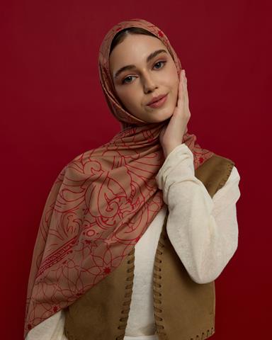 S-EFSUNLU-08 Kum Beji & Nar Çiçeği Efsunlu Desen Şal