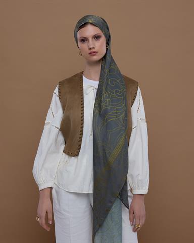 S-EFSUNLU-45 Kurşun Gri & Hasat Sarısı Efsunlu Desen Şal