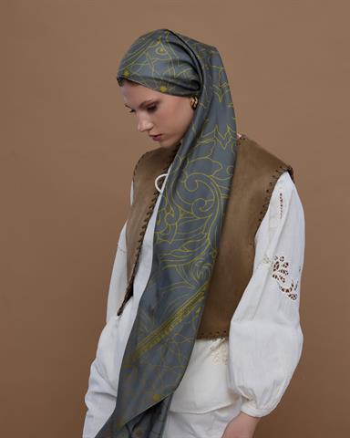 S-EFSUNLU-45 Kurşun Gri & Hasat Sarısı Efsunlu Desen Şal