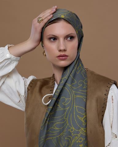 S-EFSUNLU-45 Kurşun Gri & Hasat Sarısı Efsunlu Desen Şal