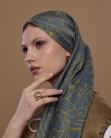 S-EFSUNLU-45 Kurşun Gri & Hasat Sarısı Efsunlu Desen Şal