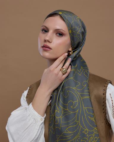 S-EFSUNLU-45 Kurşun Gri & Hasat Sarısı Efsunlu Desen Şal
