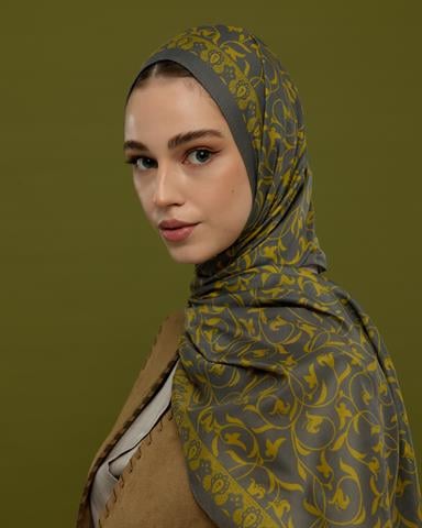 S-LALE-45 Kurşun Gri & Hasat Sarısı Lale Bahçesi Desen Şal