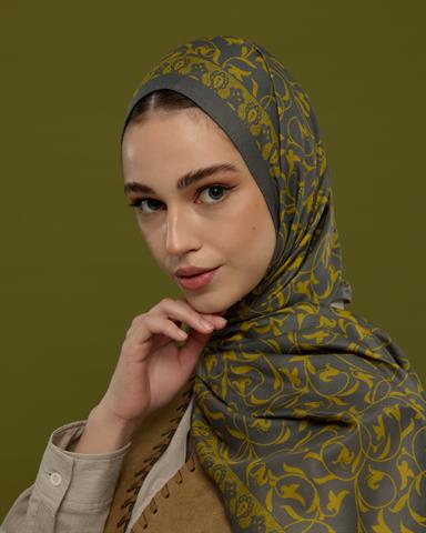 S-LALE-45 Kurşun Gri & Hasat Sarısı Lale Bahçesi Desen Şal