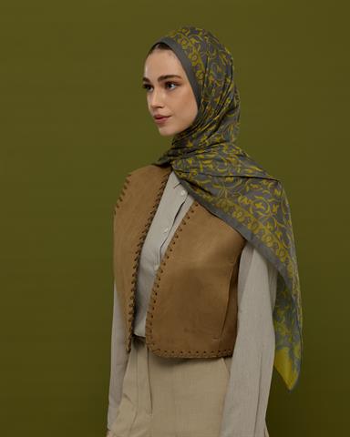 S-LALE-45 Kurşun Gri & Hasat Sarısı Lale Bahçesi Desen Şal