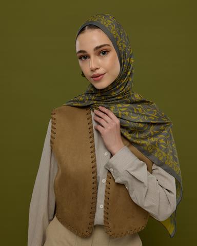 S-LALE-45 Kurşun Gri & Hasat Sarısı Lale Bahçesi Desen Şal