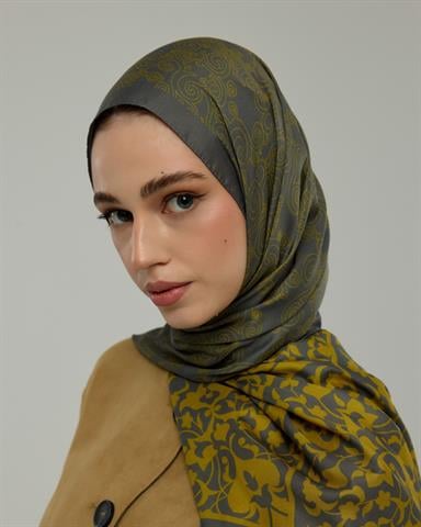 S-SARAYLI-45 Kurşun Gri & Hasat Sarısı Saraylı Desen Şal