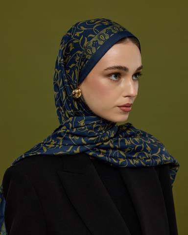 S-LALE-71 Lacivert & Altın Lale Bahçesi Desen Şal