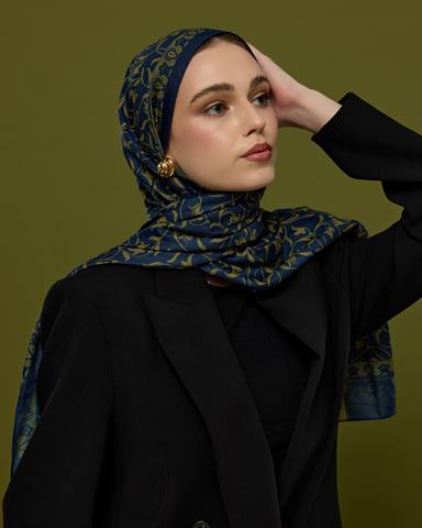 S-LALE-71 Lacivert & Altın Lale Bahçesi Desen Şal