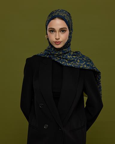 S-LALE-71 Lacivert & Altın Lale Bahçesi Desen Şal