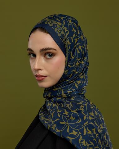 S-LALE-71 Lacivert & Altın Lale Bahçesi Desen Şal