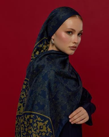S-SARAYLI-71 Lacivert & Altın Saraylı Desen Şal