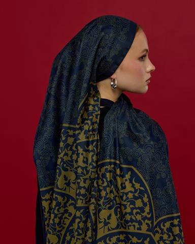S-SARAYLI-71 Lacivert & Altın Saraylı Desen Şal