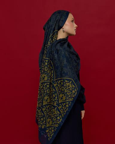 S-SARAYLI-71 Lacivert & Altın Saraylı Desen Şal