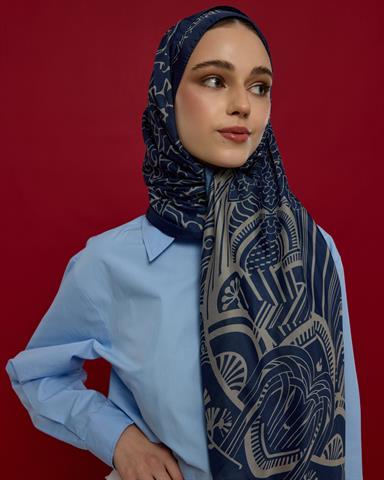 S-HAREM-59 Lacivert & Bej Harem Rüyası Desen Şal