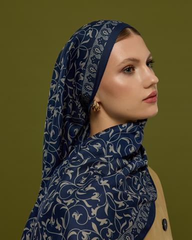 S-LALE-59 Lacivert & Bej Lale Bahçesi Desen Şal